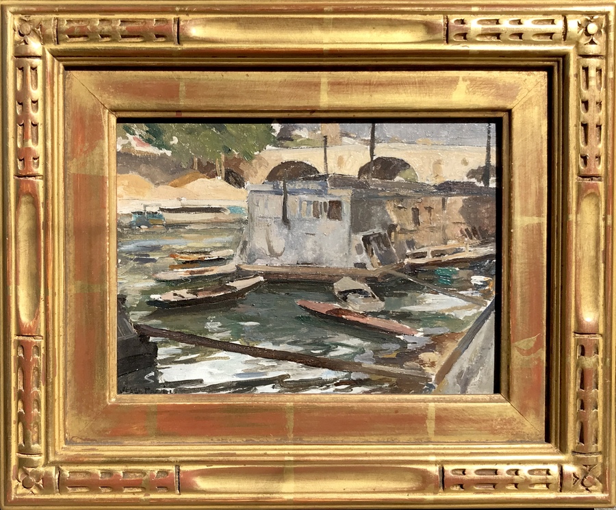 JULES PAGES - Laundry Boats on the Seine - Oil on Board - 6" x 8"