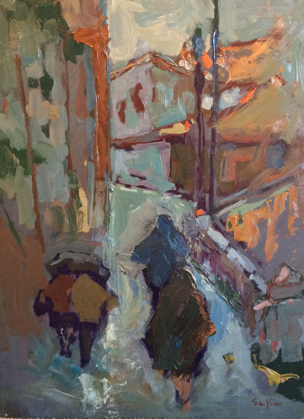 S.C. YUAN - Street Scene - Oil on Board - 20" x 15"